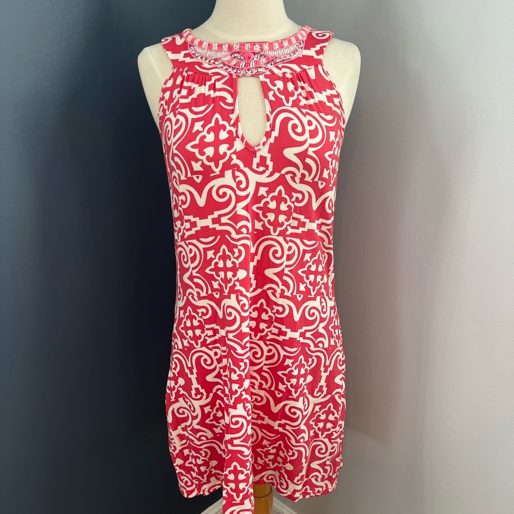 Joyous & Free Salmon Pink & White Beaded Keyhole Sleeveless Shift Dress